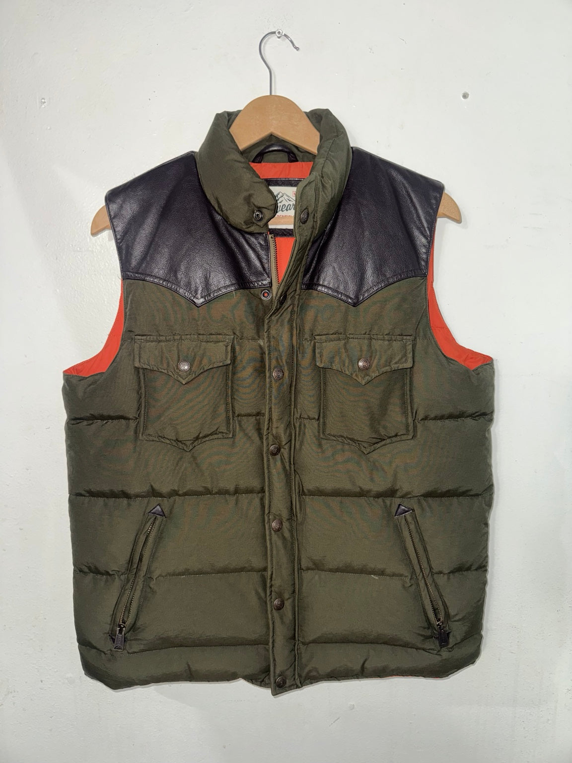 Penfield Men's Leather Yoke Puffer Vest Olive Green Size Medium