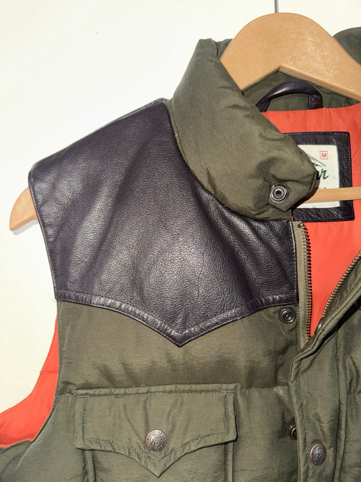 Penfield Men's Leather Yoke Puffer Vest Olive Green Size Medium