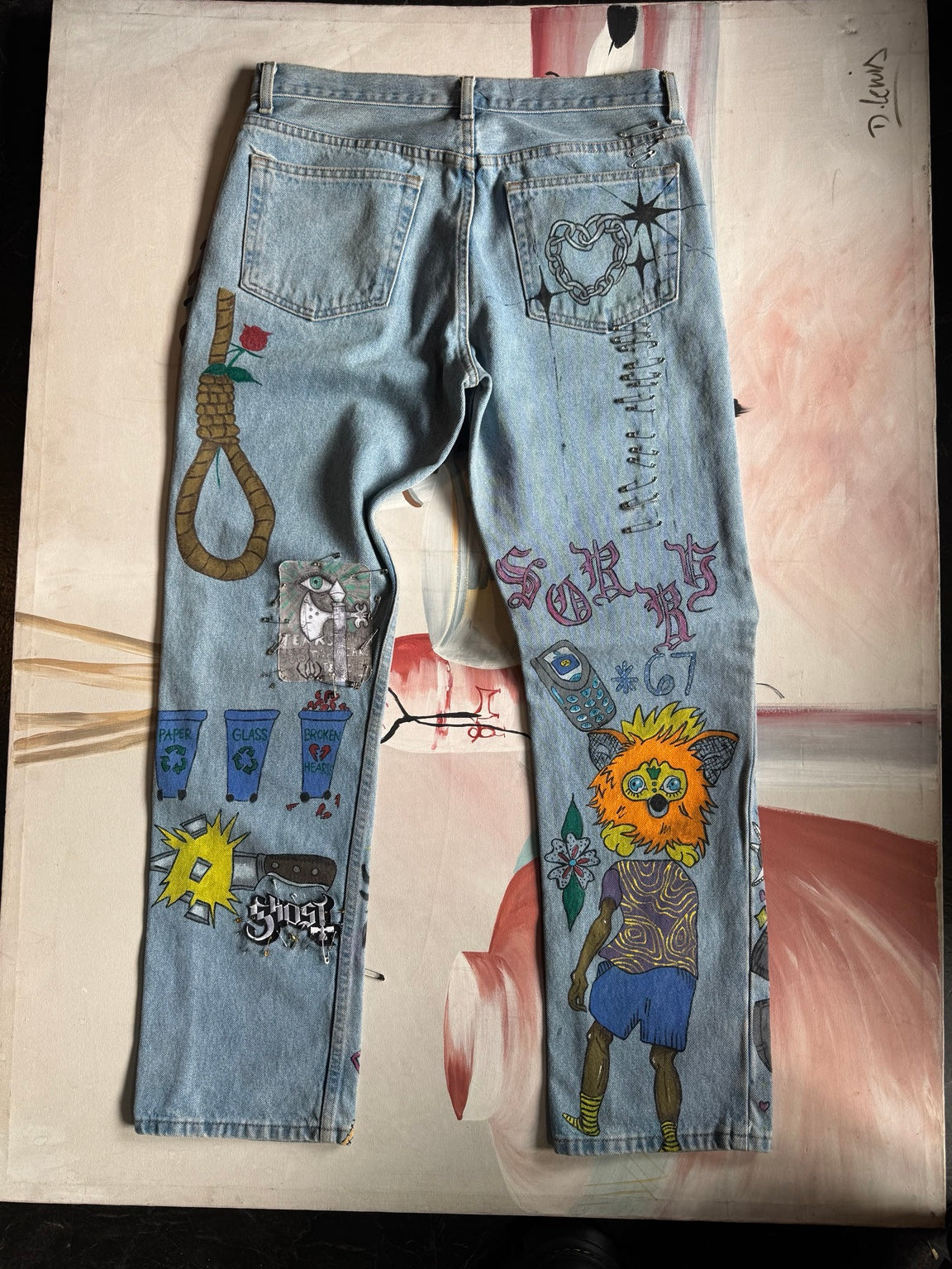 Custom hand-painted Y2K Gothic emo jeans back