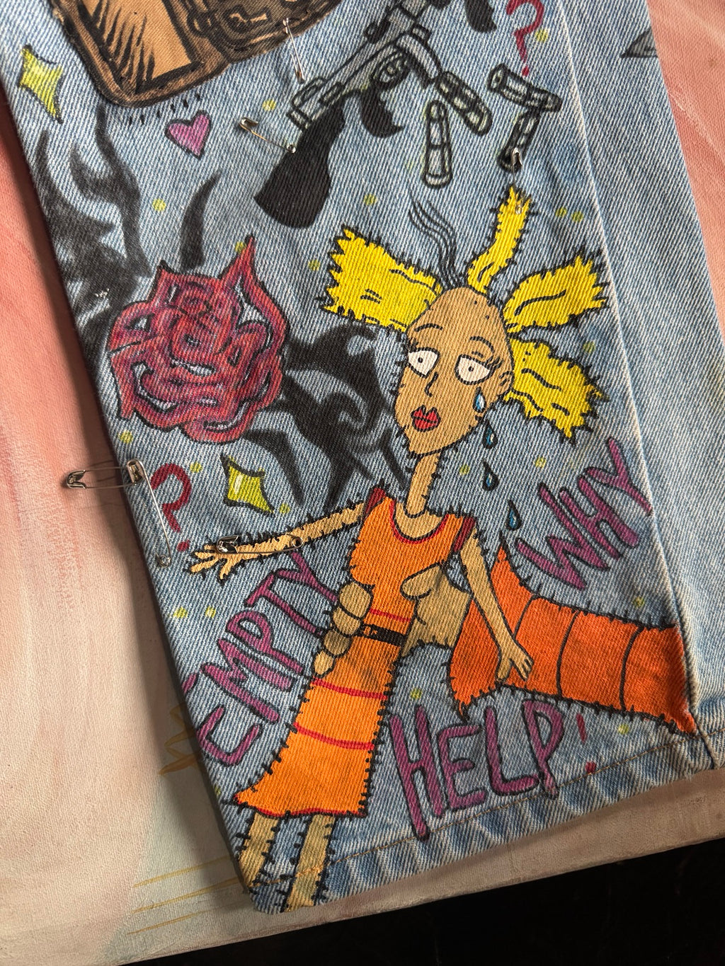 Custom hand-painted emo jeans lower leg detail
