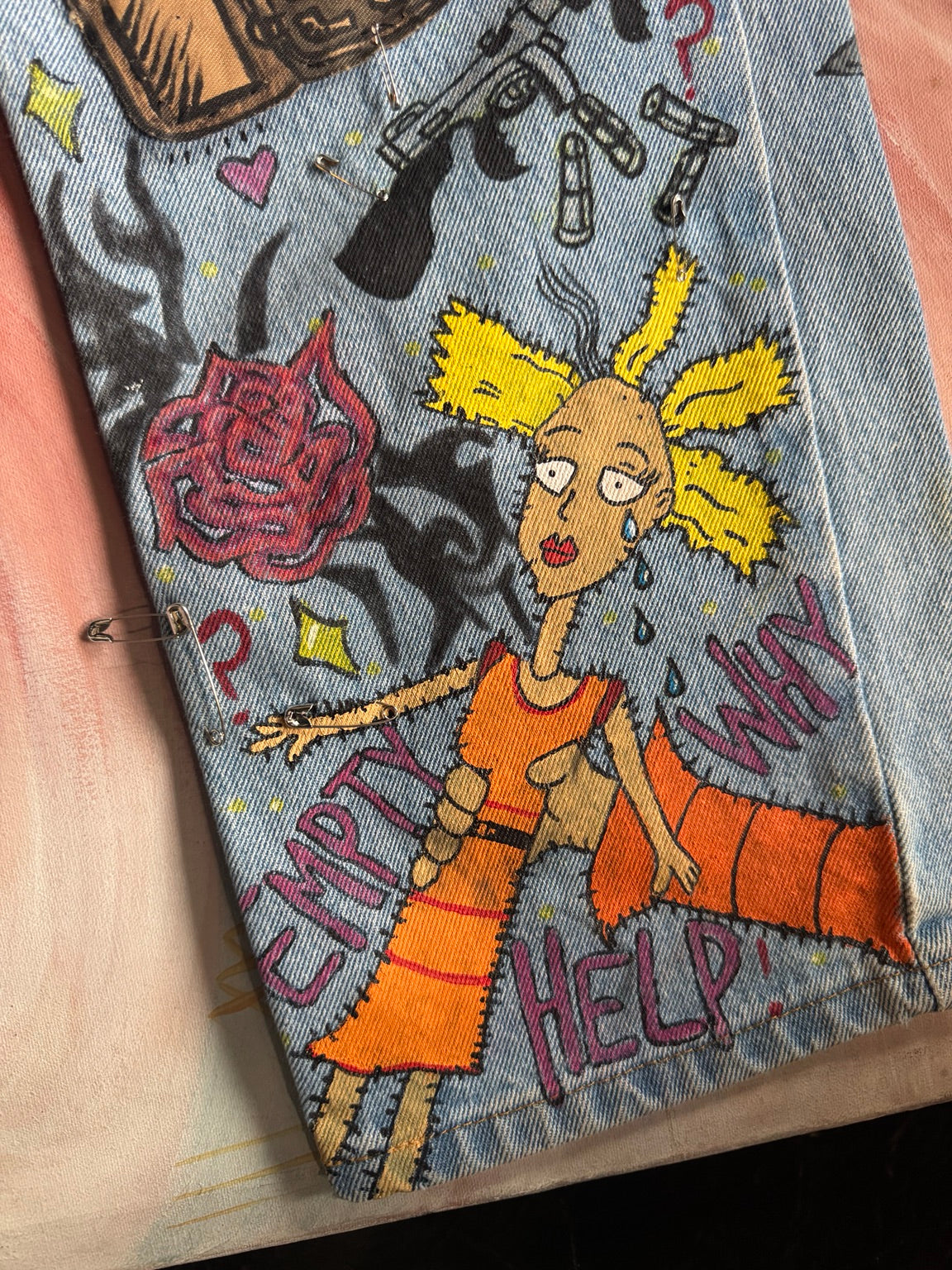 Custom hand-painted emo jeans lower leg detail