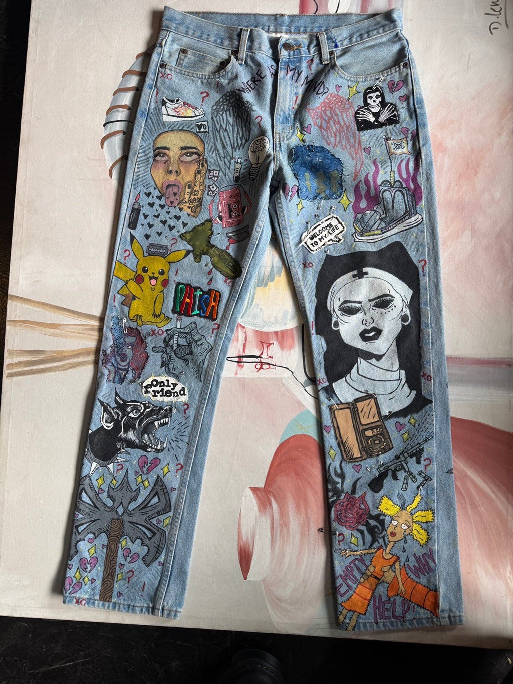 Custom hand-painted Y2K Gothic emo jeans front