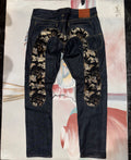 Evisu selvedge denim jeans full back view with embroidered panels