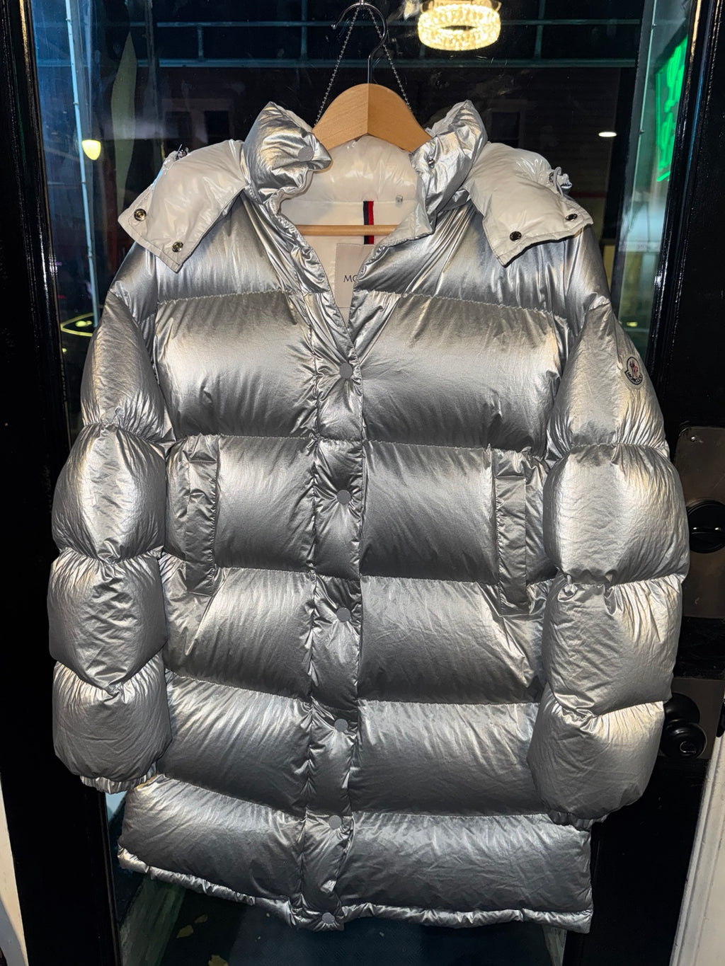Moncler Gaou silver down jacket front view