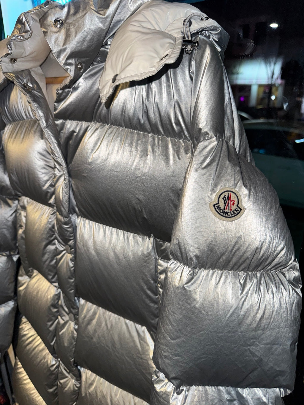 Moncler Gaou silver down jacket sleeve logo detail