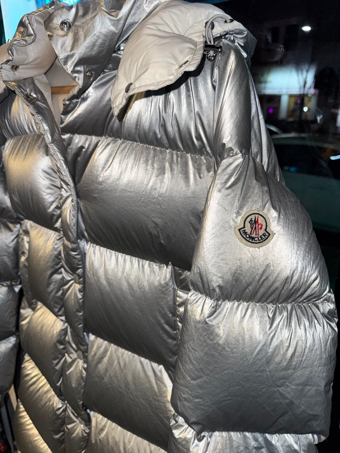 Moncler Gaou silver down jacket sleeve logo detail