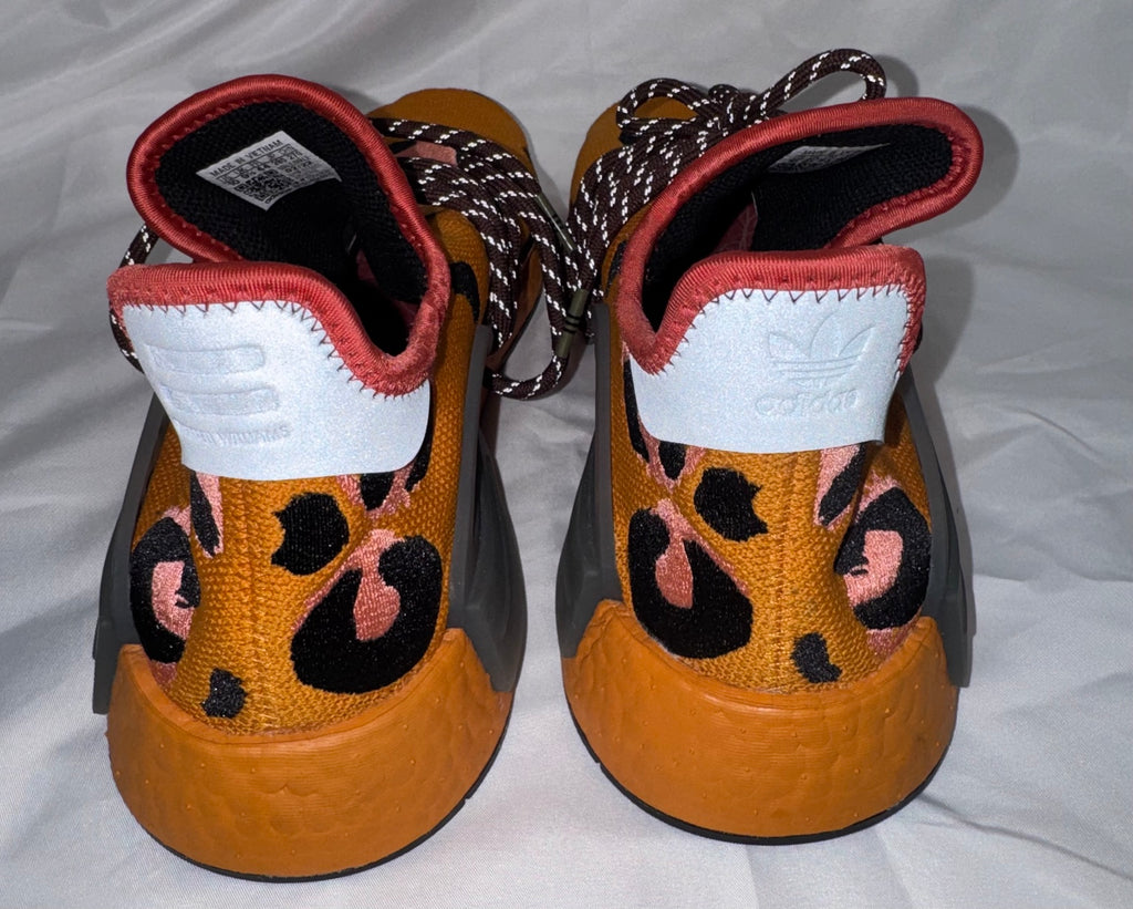 Pharrell adidas NMD Hu Animal Print Pulse Amber heel and size tag view