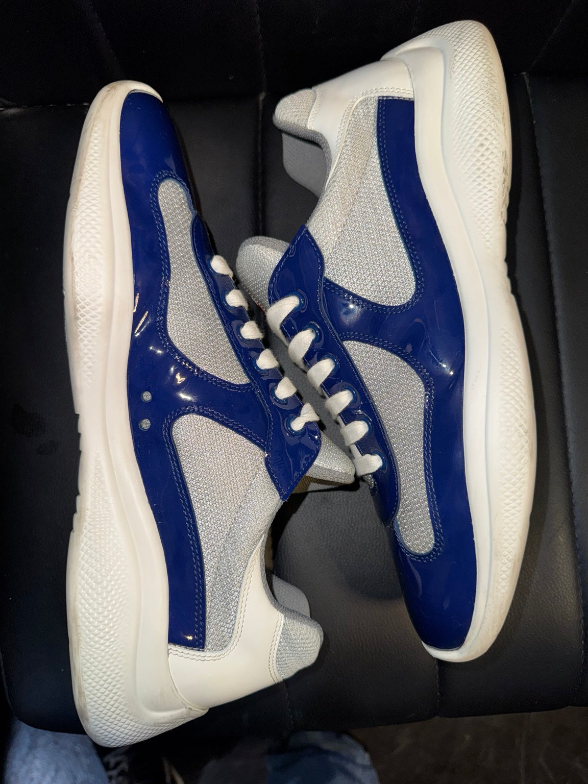 Prada America's Cup blue and silver sneakers side view