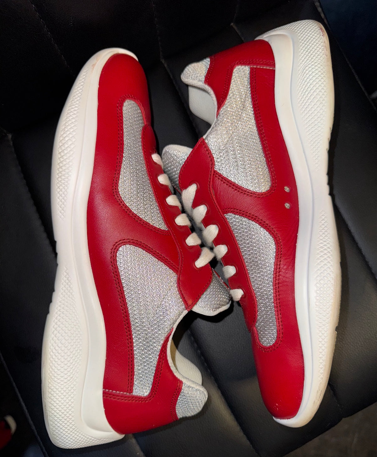 Prada America's Cup red and silver sneakers top and side view