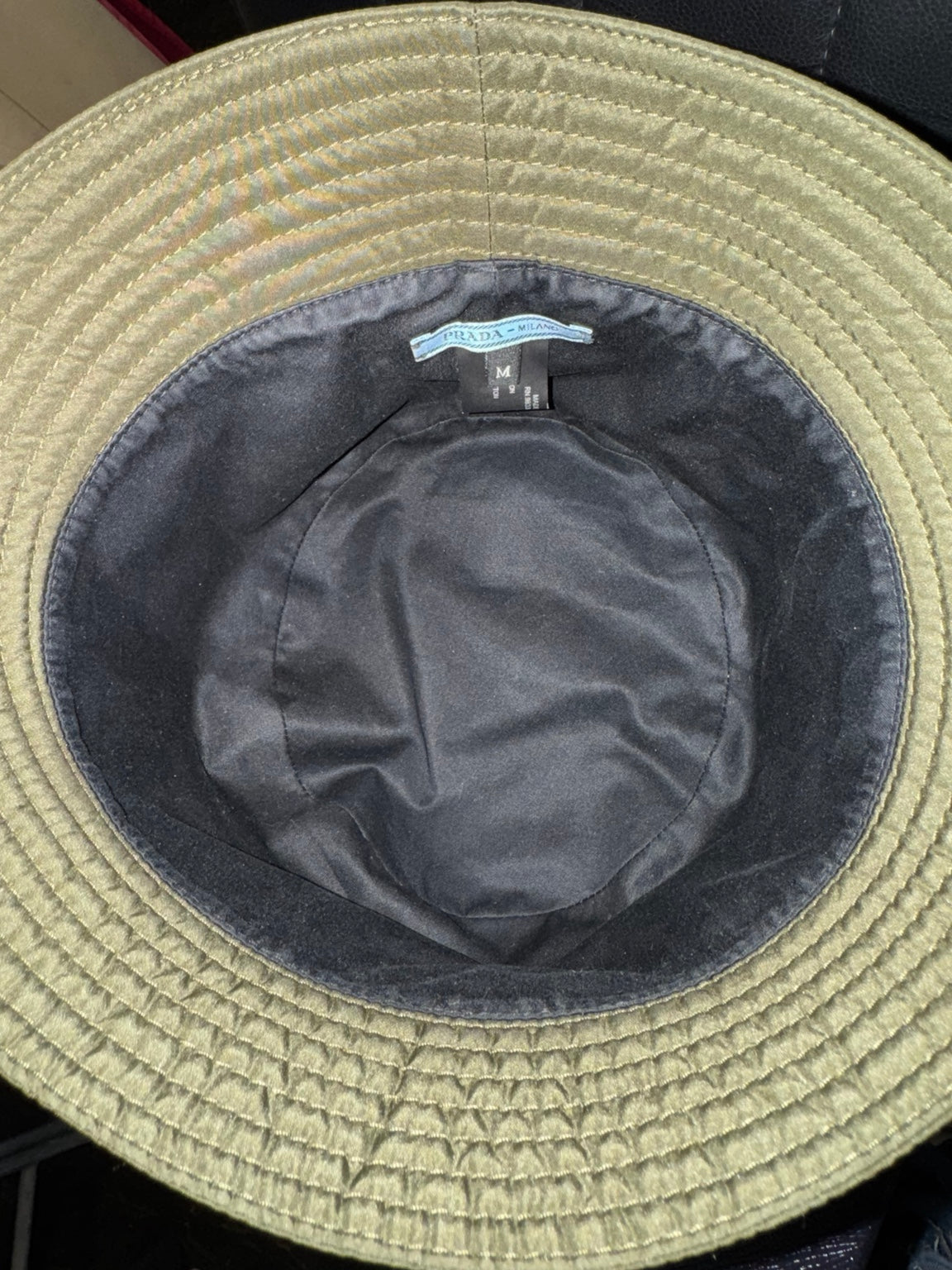 Prada green bucket hat interior and size medium label