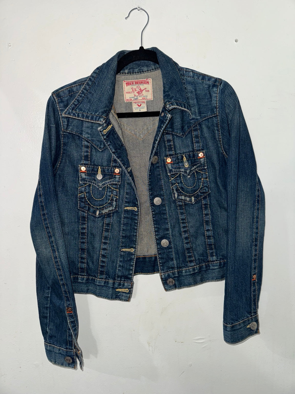 True Religion women’s denim jacket front, size Small