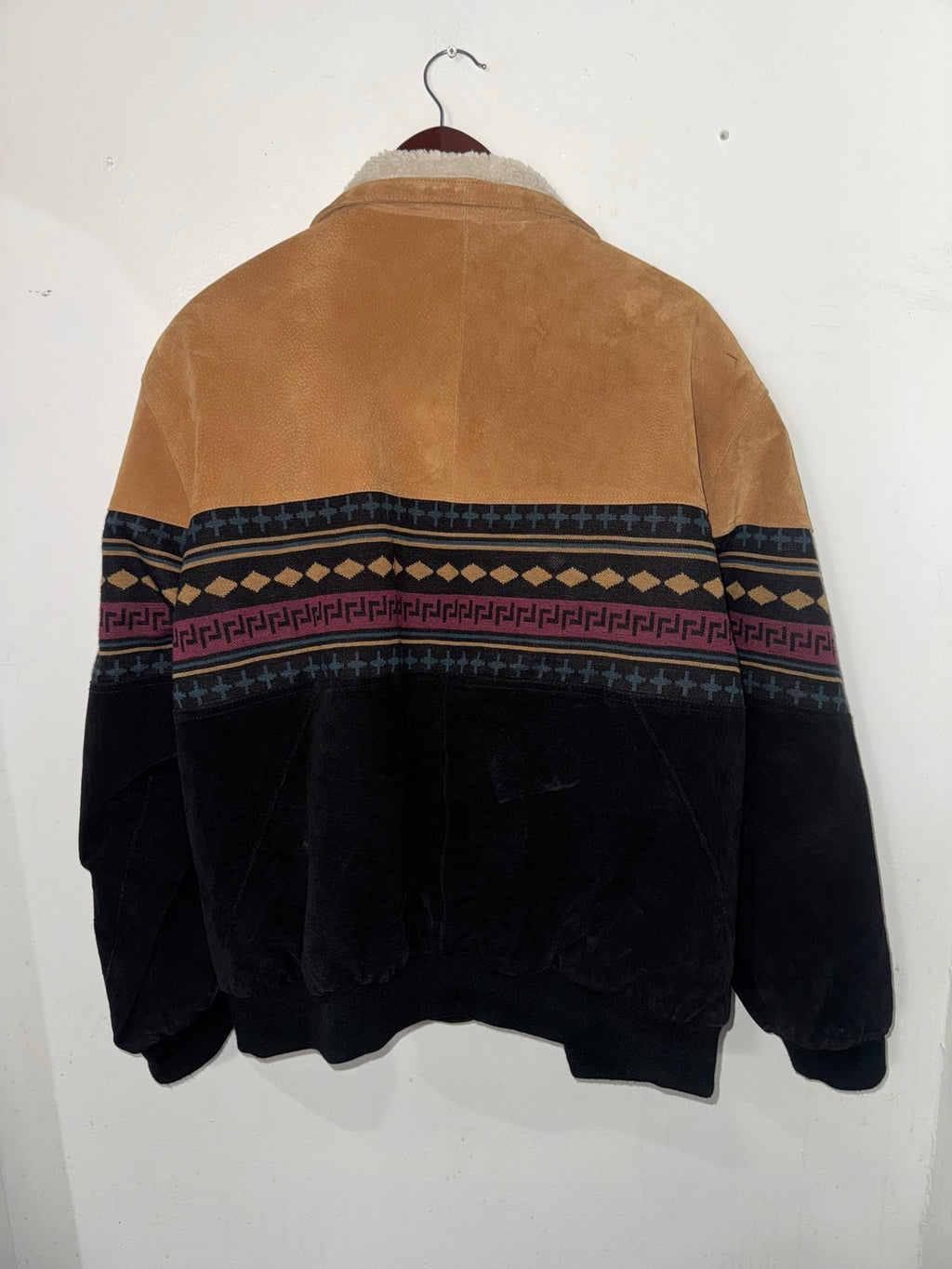 Back view of vintage Aztec suede leather jacket in size XL