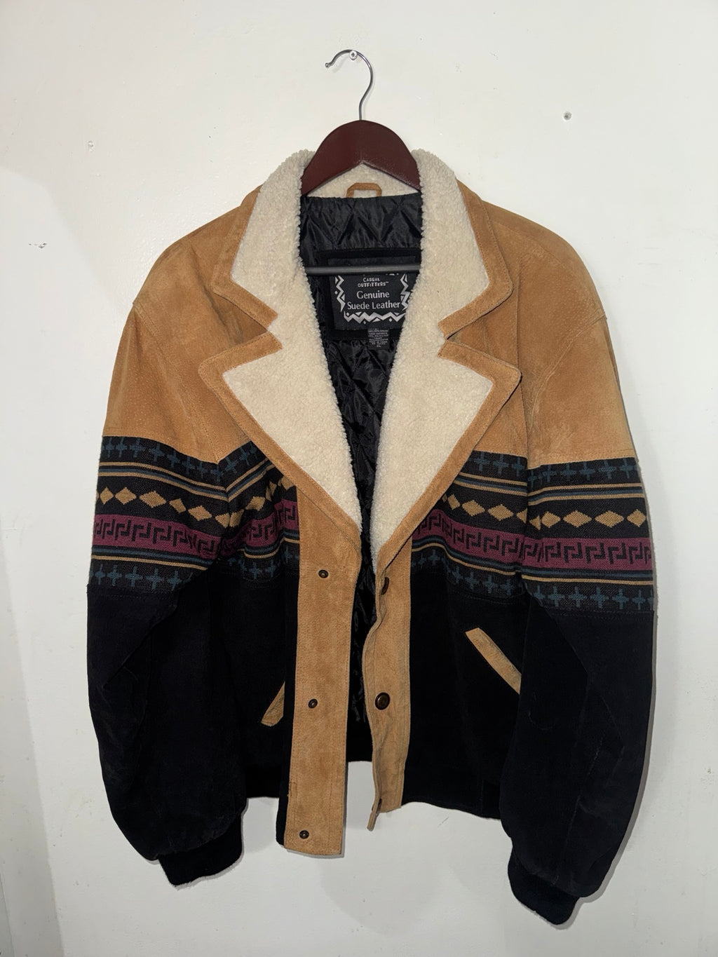 Front view of vintage Aztec suede leather jacket in size XL