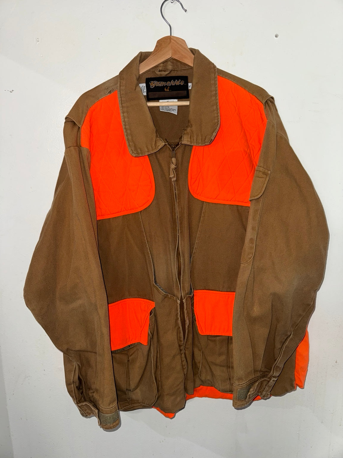 Vintage Gamehide duck hunting jacket front, brown and blaze orange