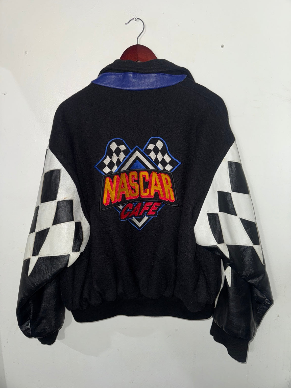 Vintage NASCAR Cafe racing jacket back view with embroidered logo