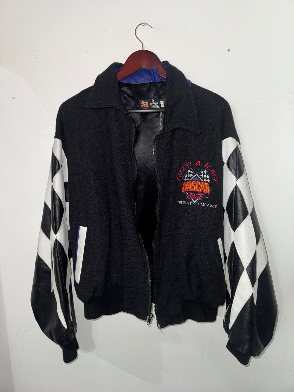 Vintage NASCAR Cafe racing jacket front view with leather sleeves