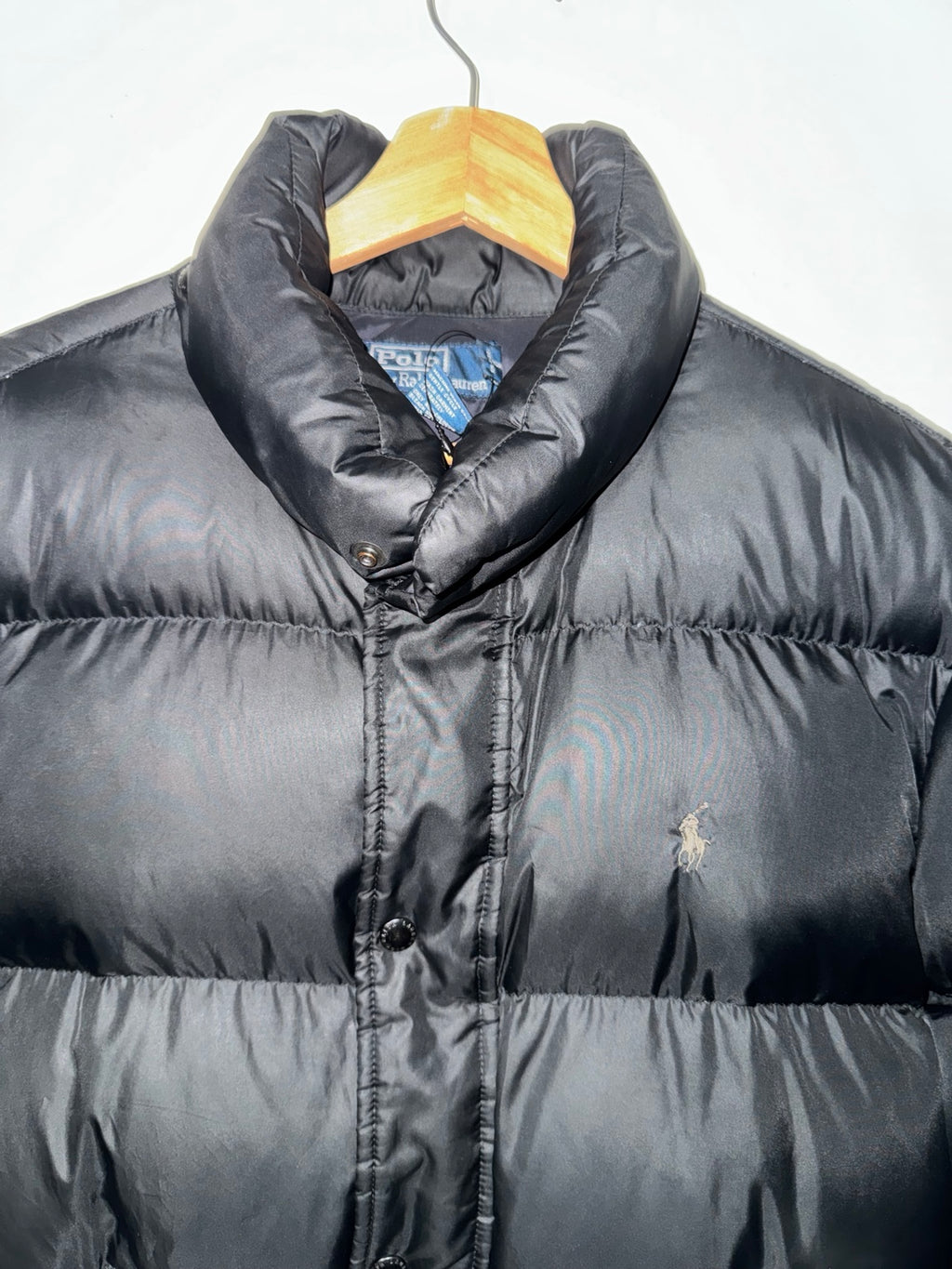 Vintage Polo Ralph Lauren men's black down puffer jacket collar and logo