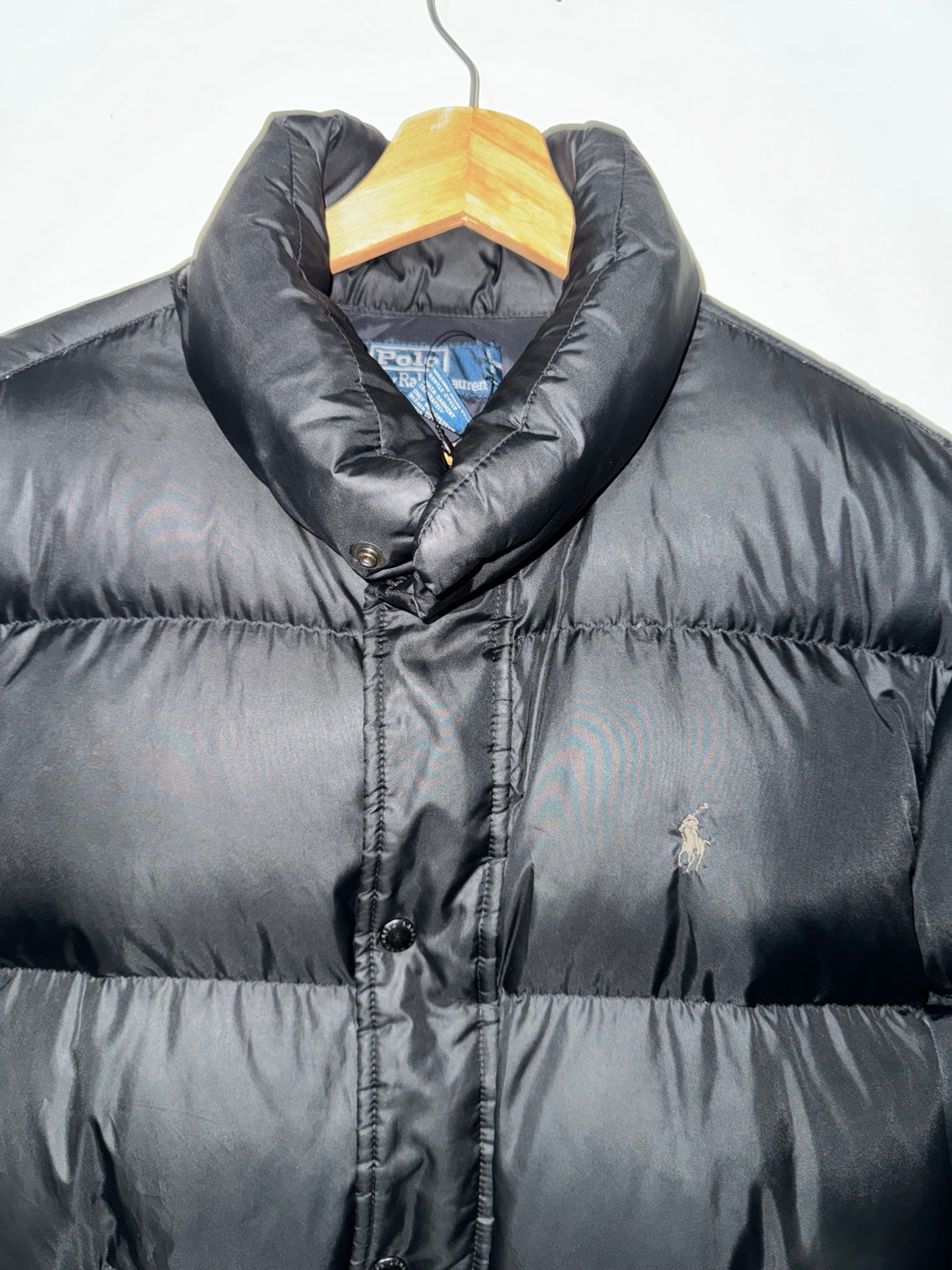 Vintage Polo Ralph Lauren men's black down puffer jacket collar and logo