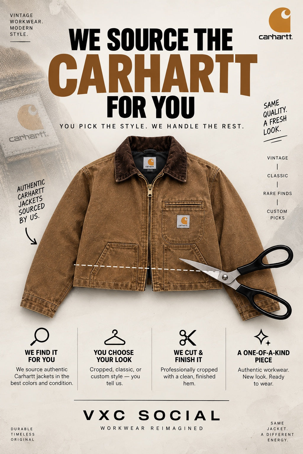 VXC Social custom cropped Carhartt jacket sourcing and finishing service